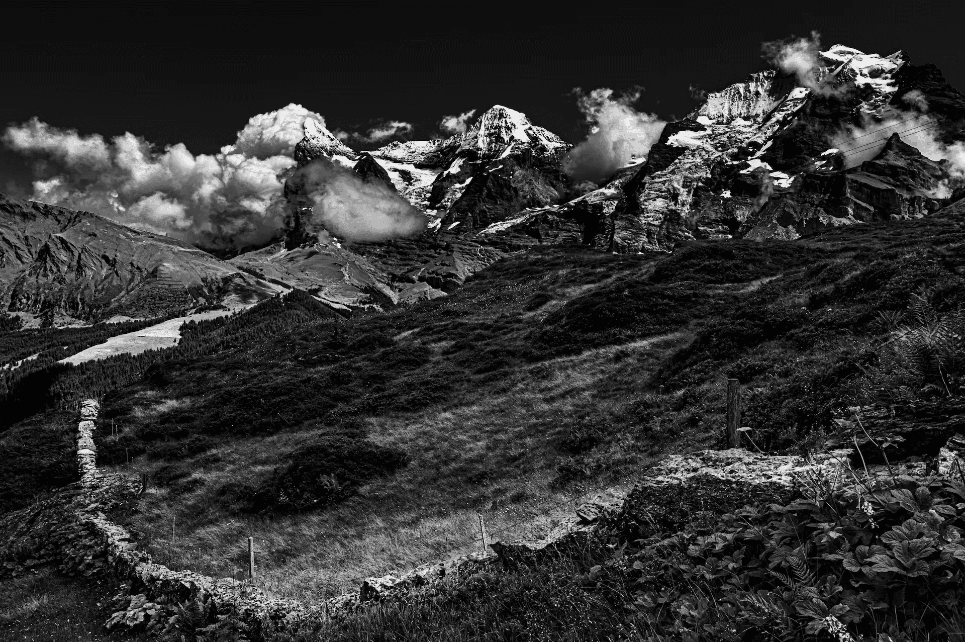 Alpine Giants: Wengen Panorama Alpine Vista Stone Wall Swiss Giants in Wengen.