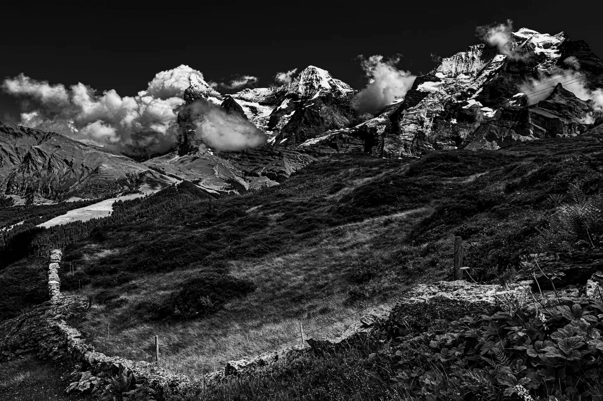 Alpine Giants: Wengen Panorama Alpine Vista Stone Wall Swiss Giants in Wengen.