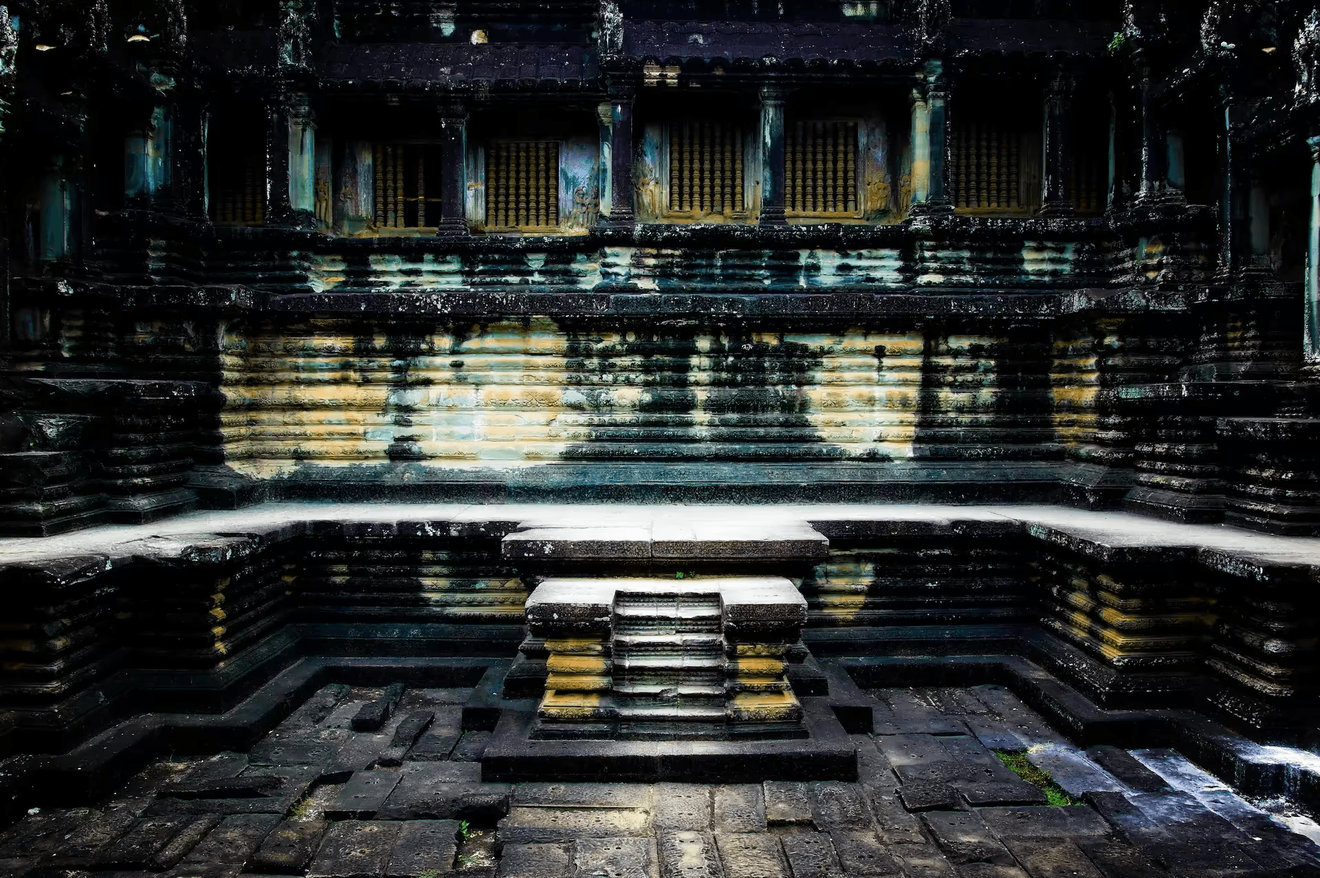 Interior stone architecture of Angkor Wat temple in Cambodia.