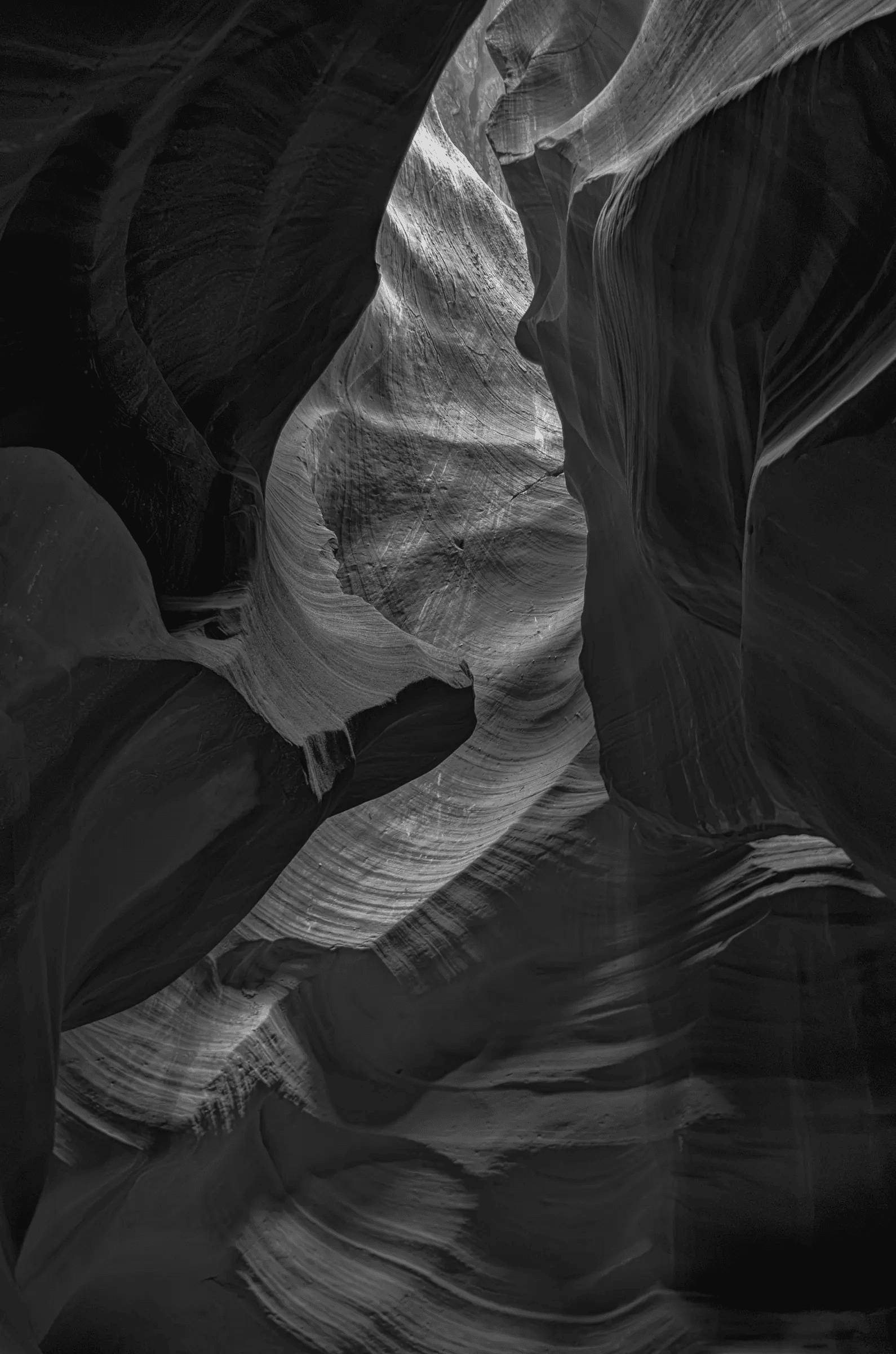 Click to view in fullscreen Interior view of a narrow slot canyon (Antelope Canyon) showing curved, layered sandstone walls and a shaft of light illuminating textured striations in black and white.