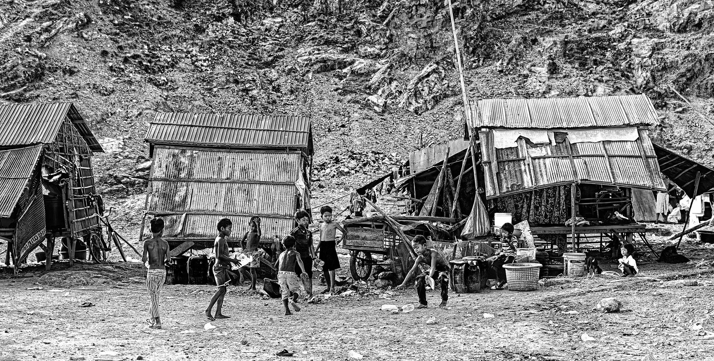 Children in Settlement in daily life in monochrome.