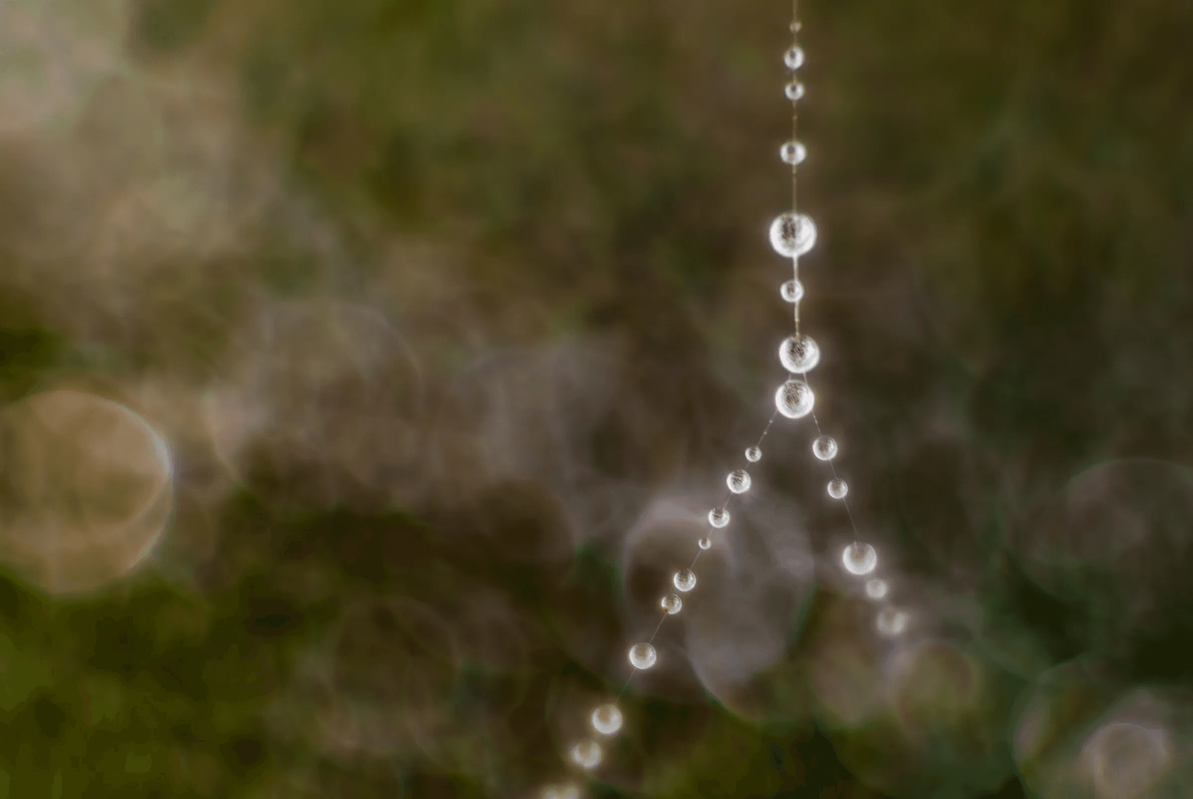 Macro color photograph of glistening dew drops clinging like beads to the fine strands of a spider web against a soft-focus green and brown background.