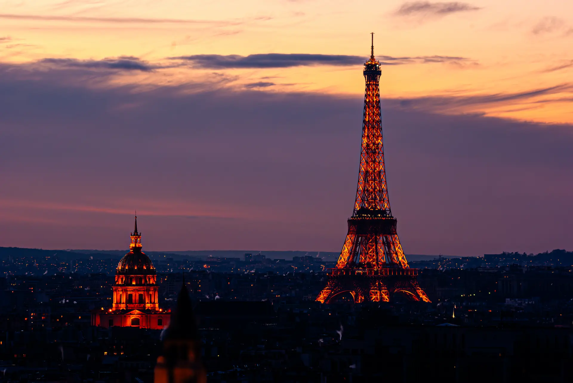 Eiffel Tower Invalides Twilight in Paris.