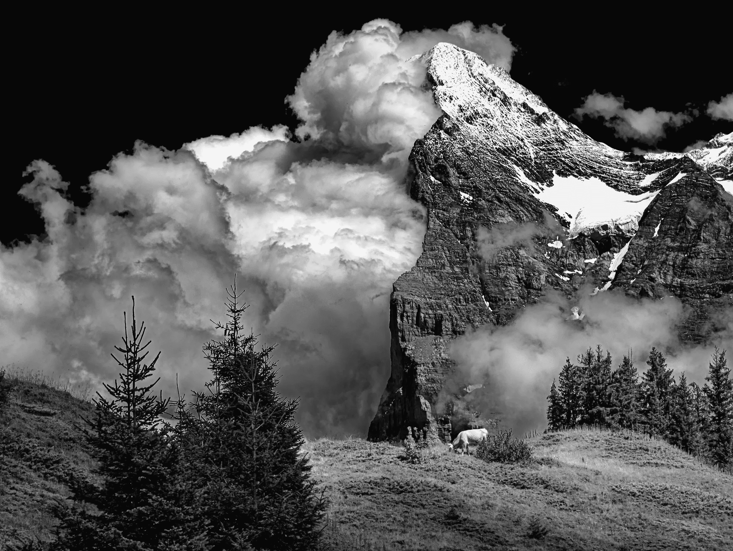 Dramatic black and white landscape photograph of the Eiger mountain in the Swiss Alps.