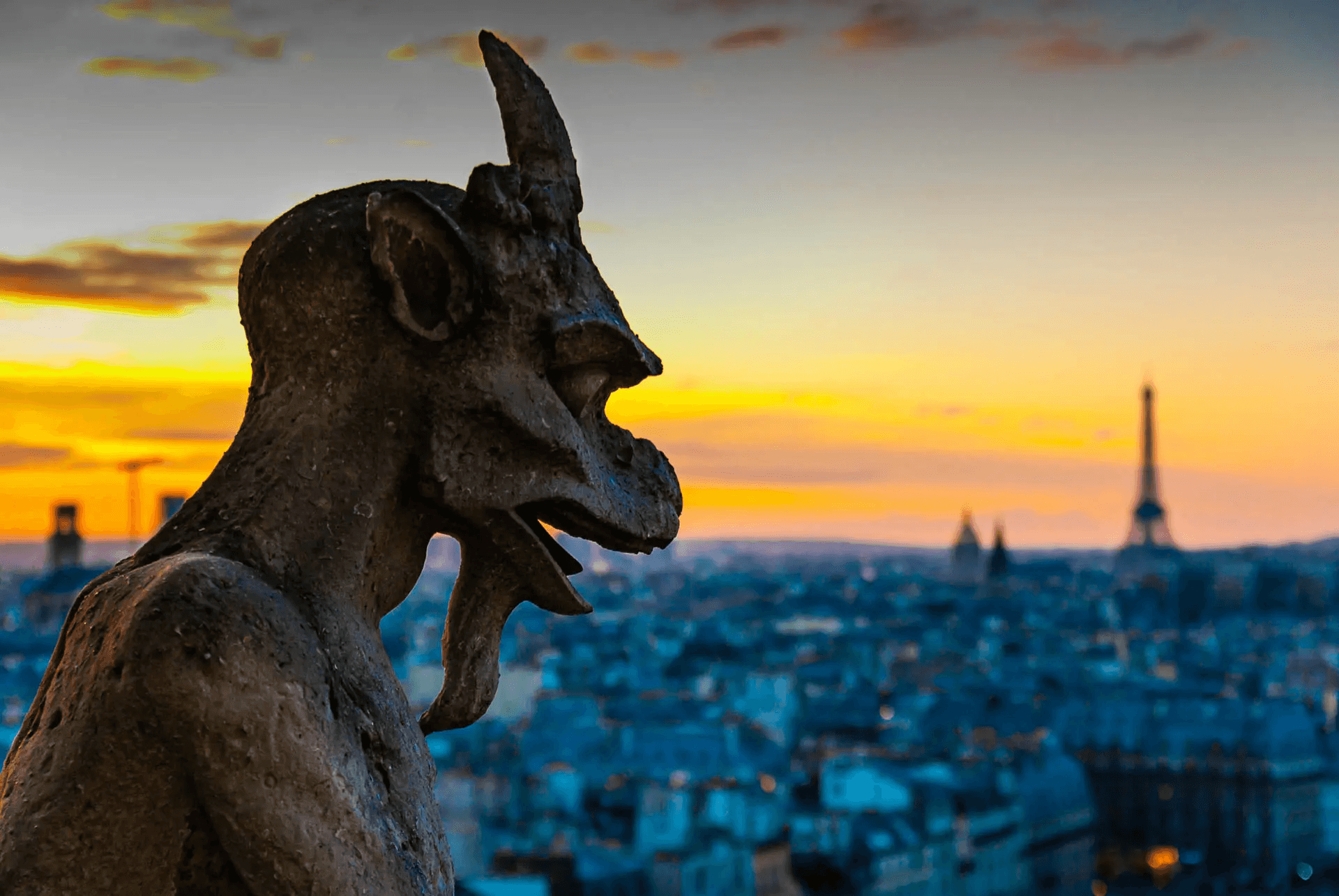 A detailed, close-up photograph of a stone gargoyle, a famous architectural detail from Notre Dame Cathedral in Paris, France.