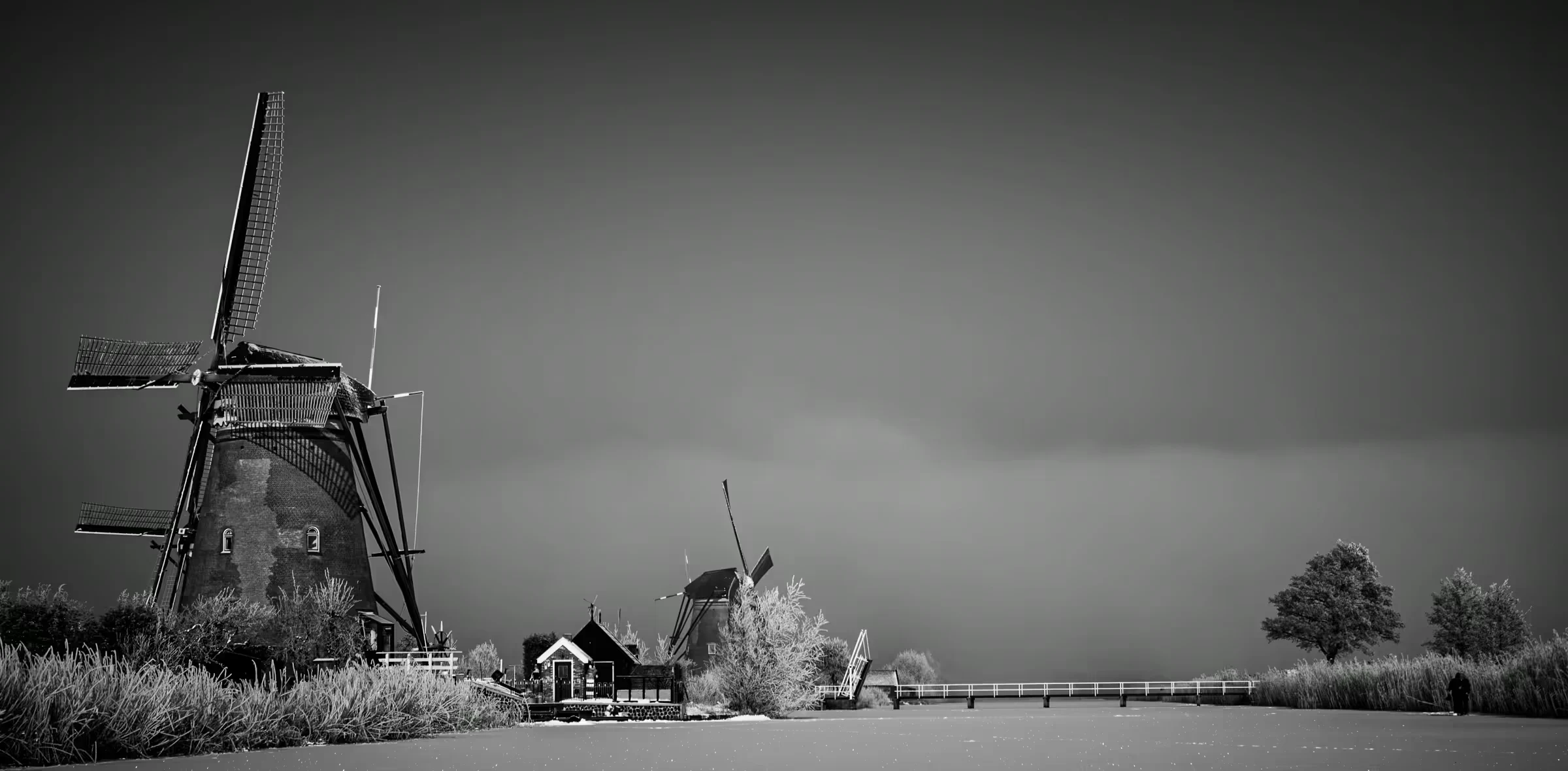 Windmills in Mist in Kinderdijk in monochrome.