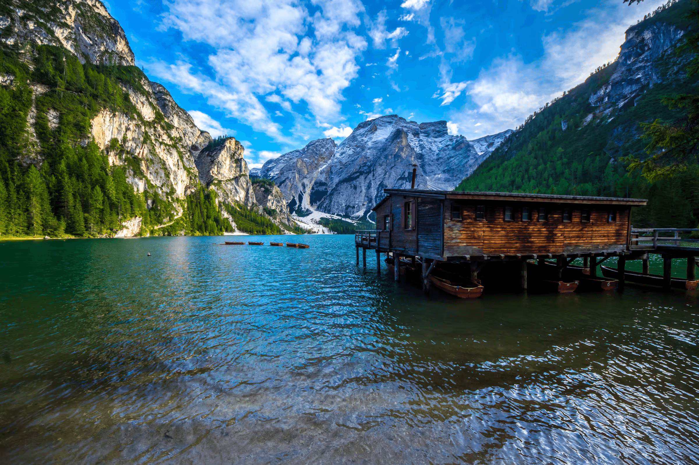 Lago di Braies (Pragser Wildsee) in the Dolomites, Italy.