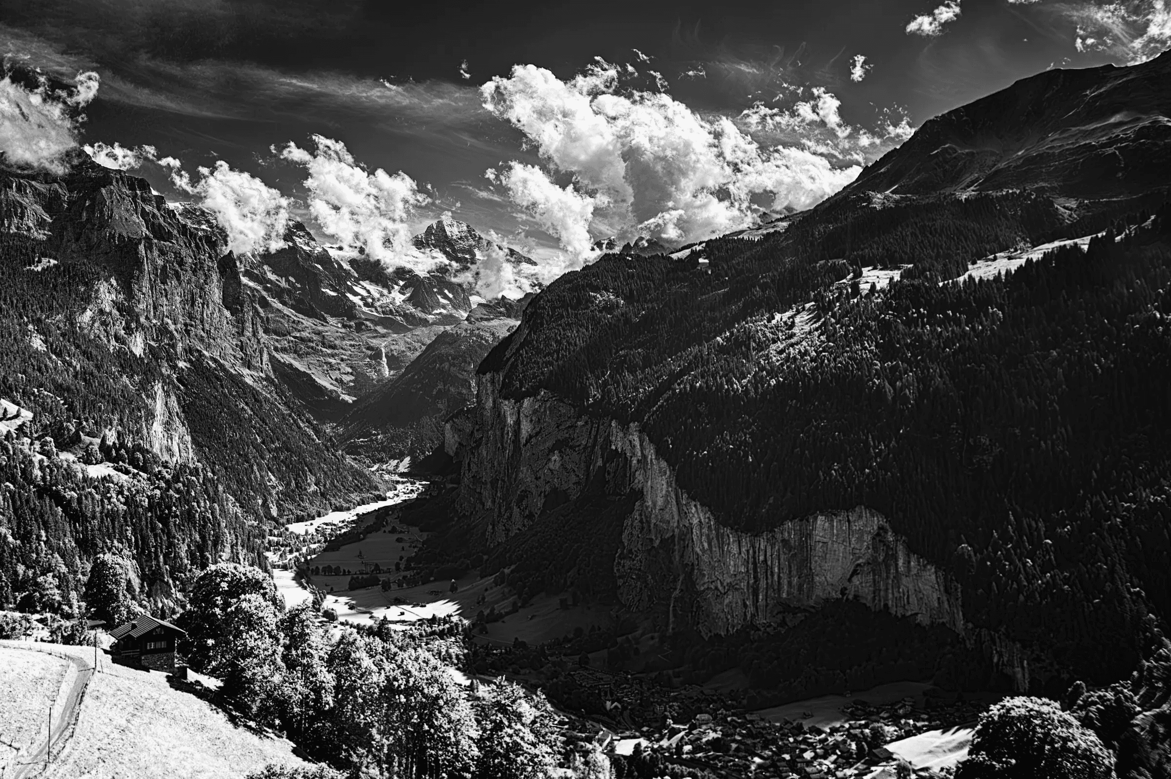 Alpine Valley Vista (B&W) View Swiss Alps in Lauterbrunnen Valley area.