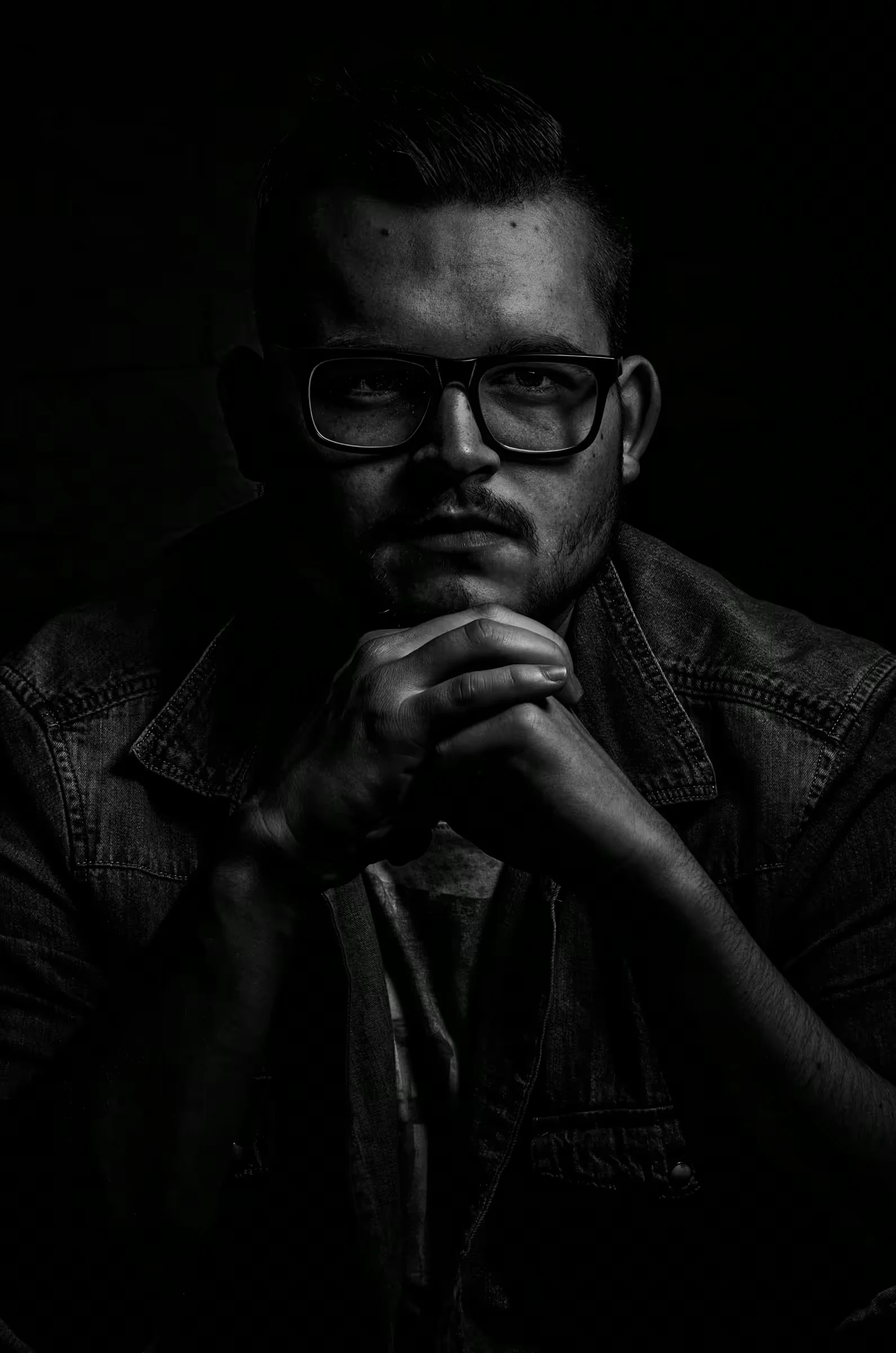 Low-key black and white portrait photograph of a man wearing glasses.