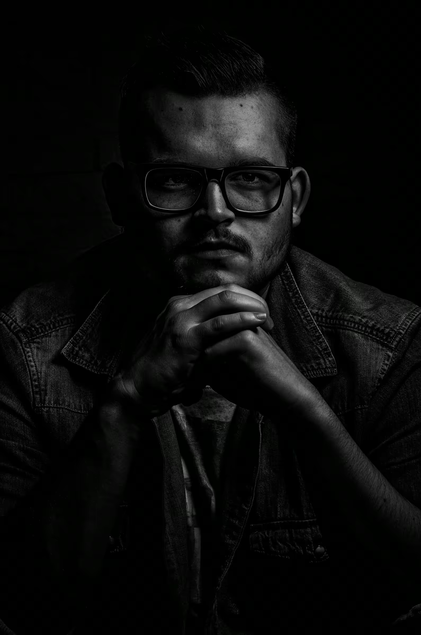 Low-key black and white portrait photograph of a man wearing glasses.