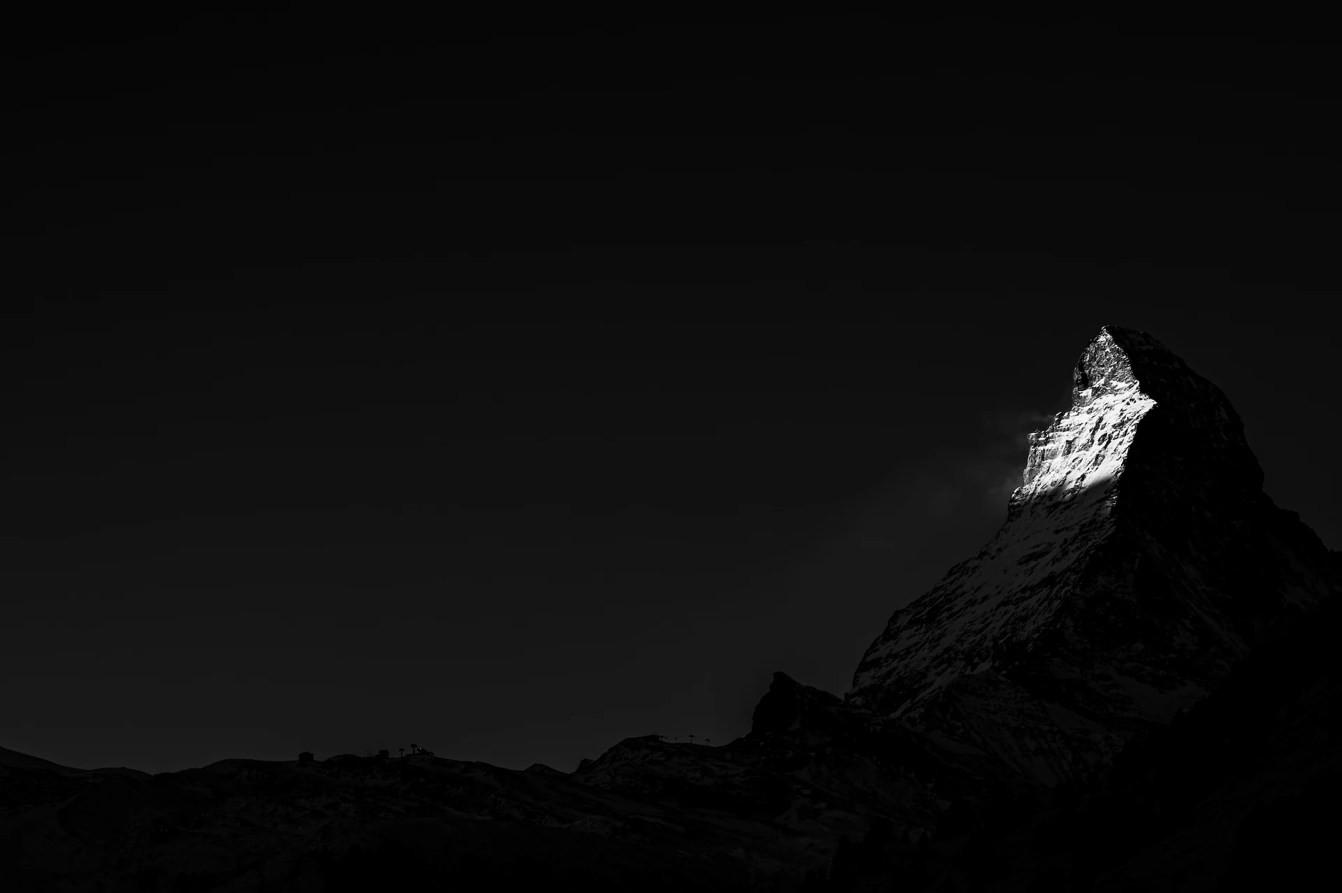 Matterhorn Dawn Light Alpine Peak Awakens in Zermatt in monochrome.