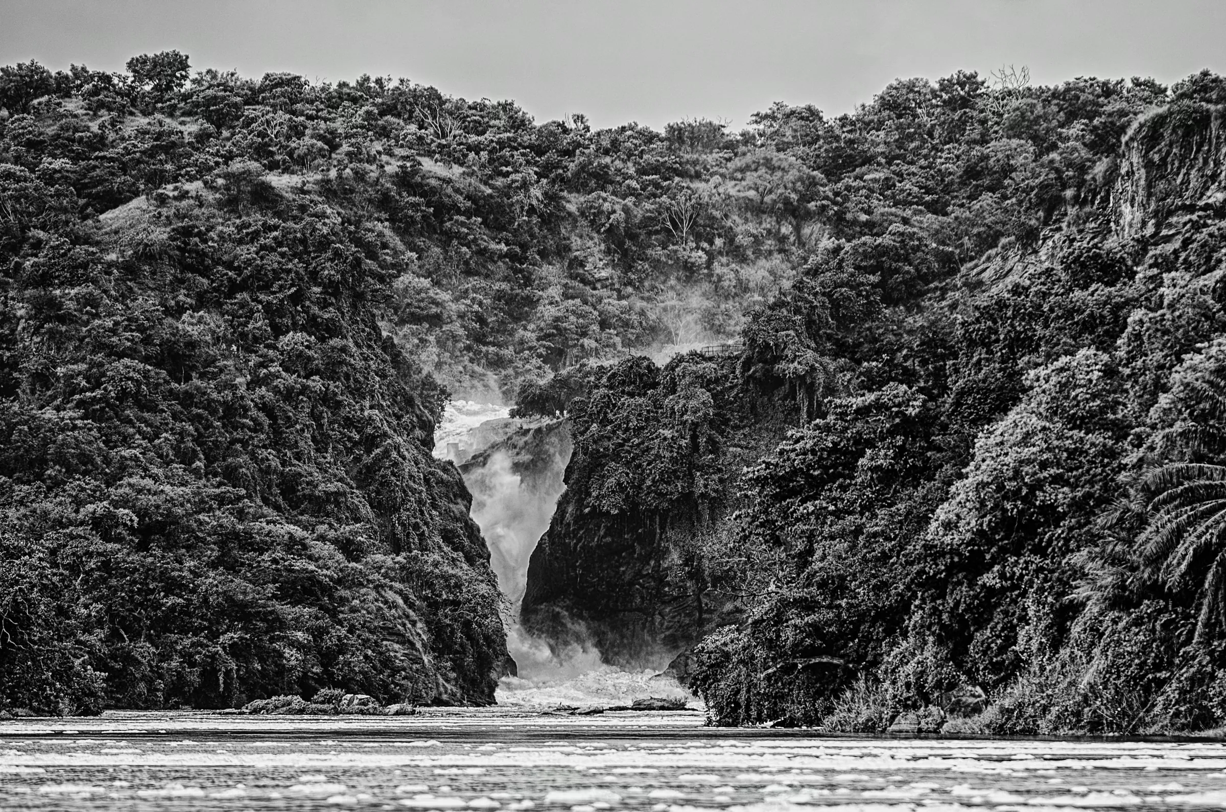 Powerful Murchison Falls surging through a narrow gorge in Uganda, surrounded by lush vegetation.