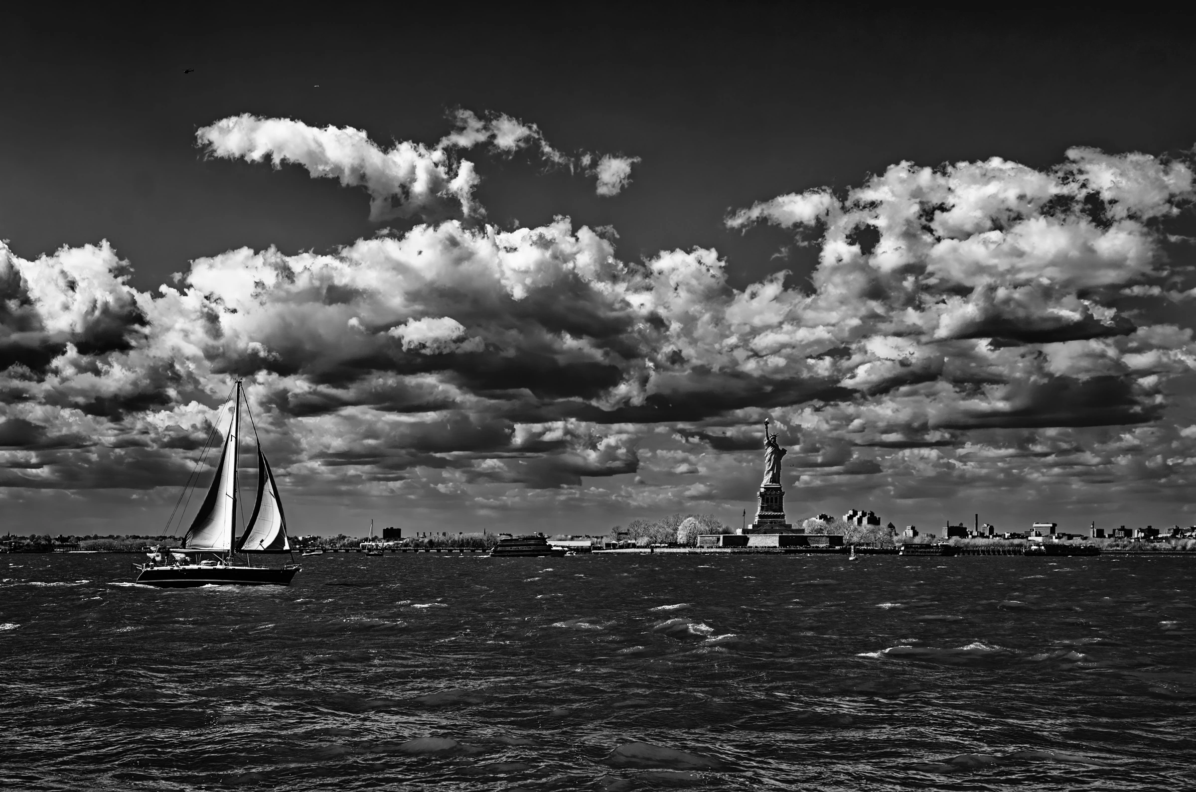 NYC Statue Liberty Sailboat in New York Harbor.