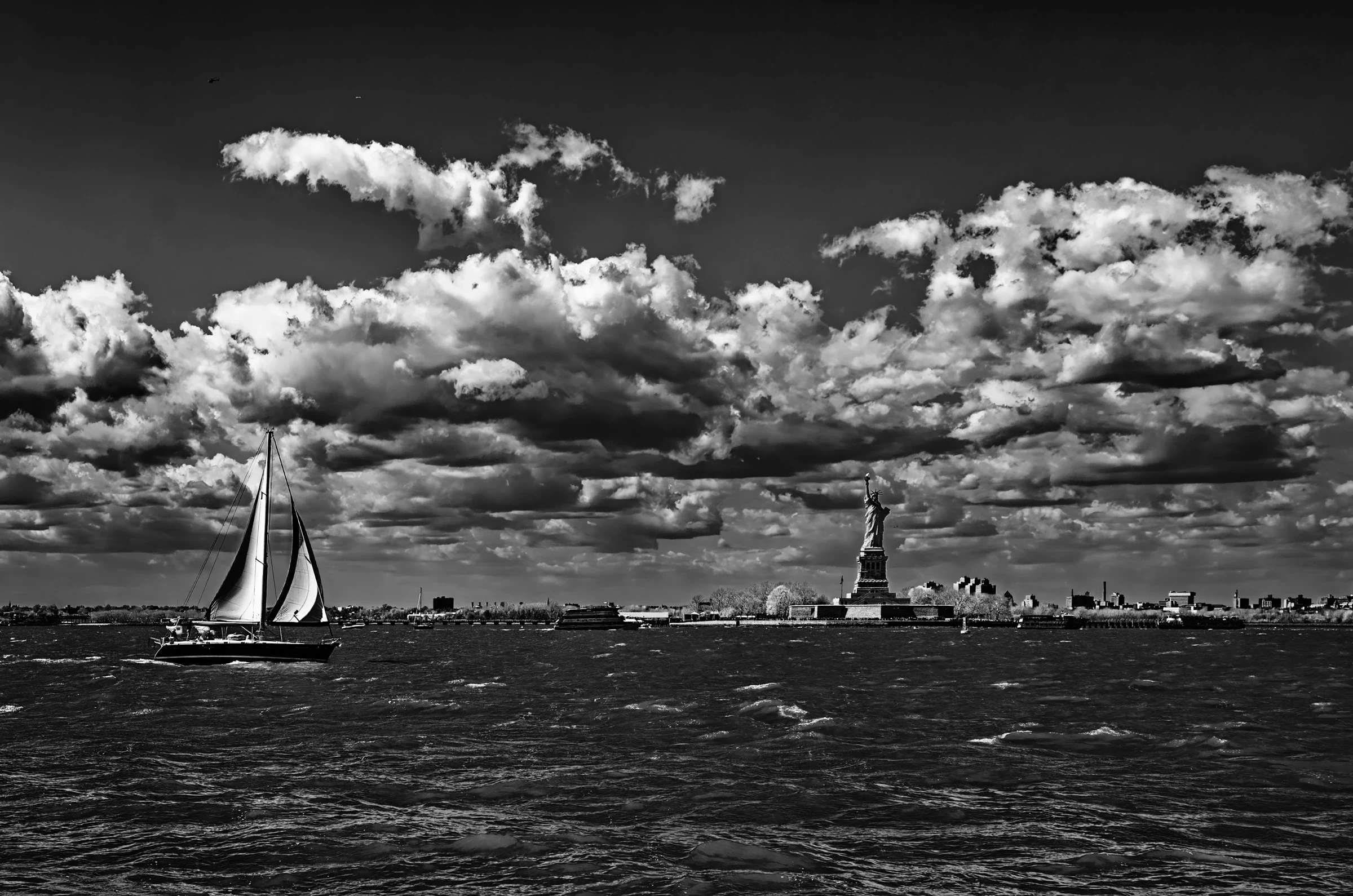 NYC Statue Liberty Sailboat in New York Harbor.