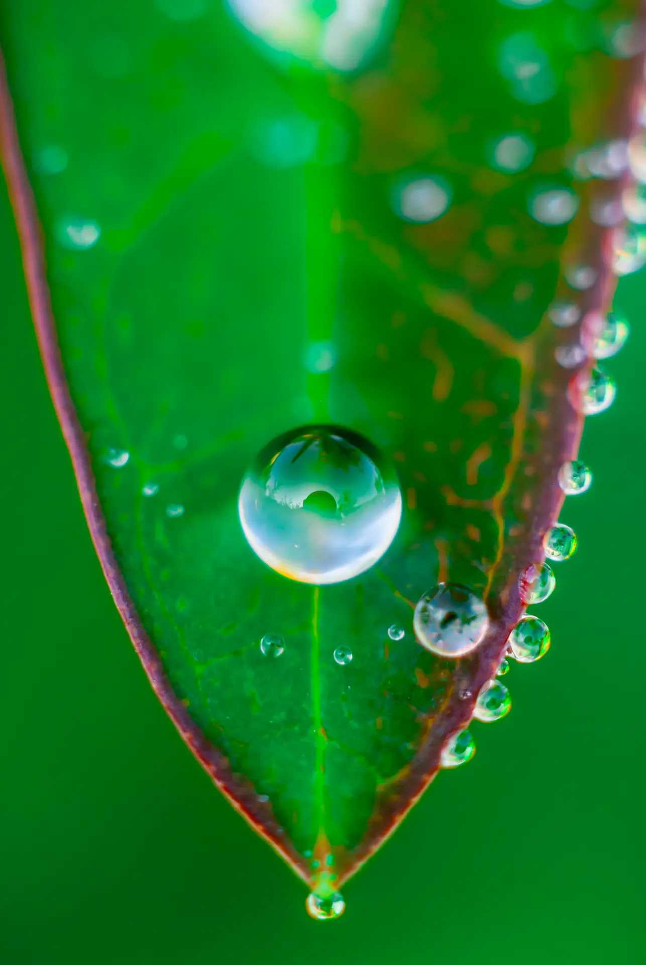 Macro photograph of a large, luminous dewdrop clinging to the tip of a vibrant green leaf. Smaller droplets line the leaf's edge, reflecting the surrounding environment.