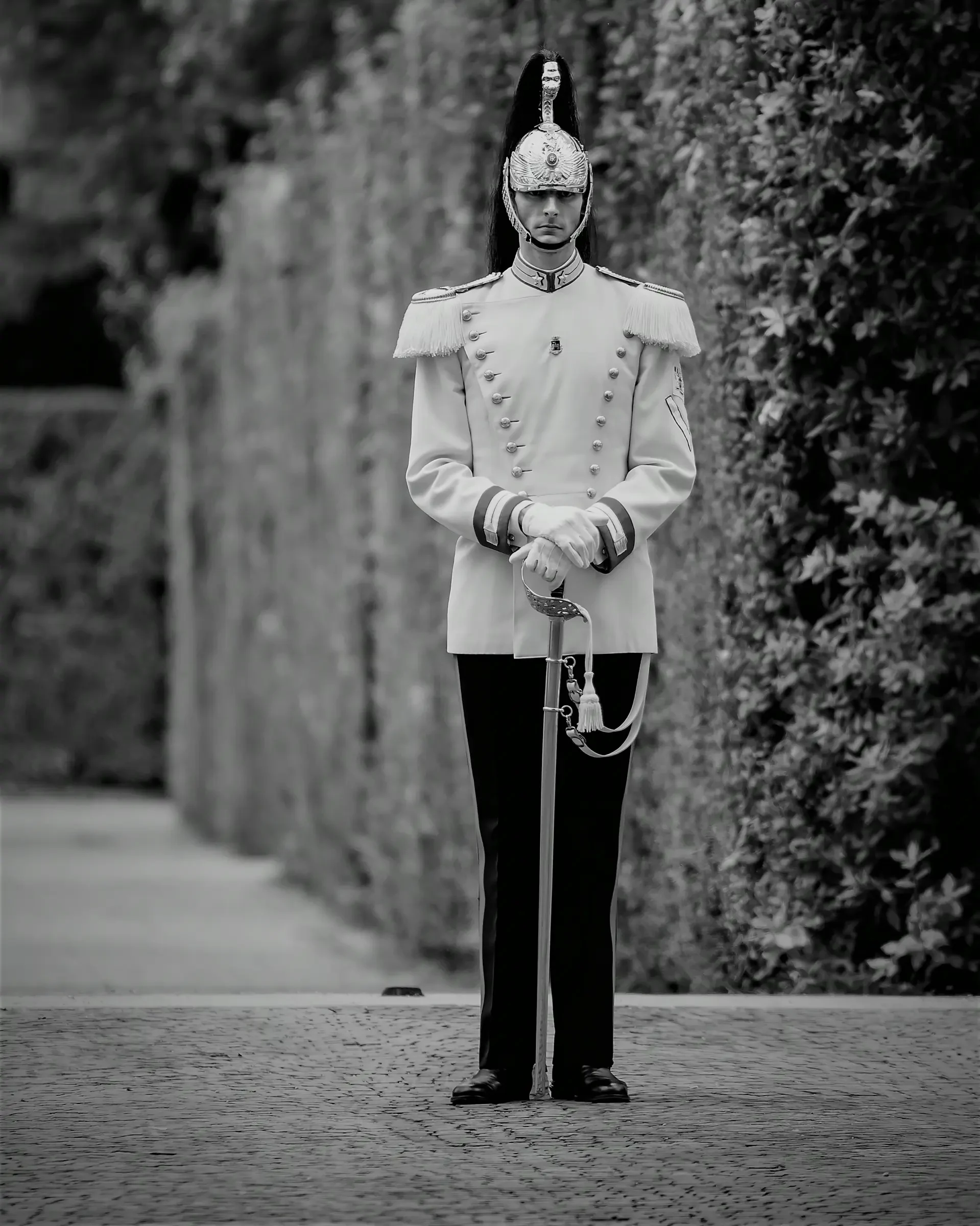 A Cuirassier standing at attention, guarding the Quirinal Palace in Rome, Italy.