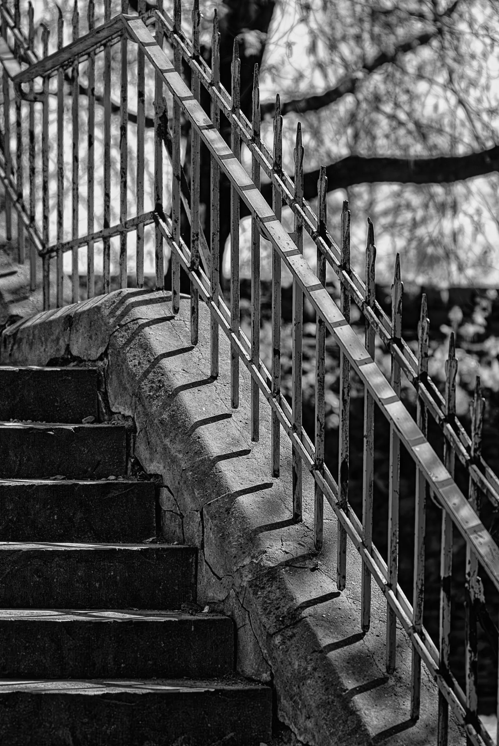 Monochrome study of stone stairs railing shadows.