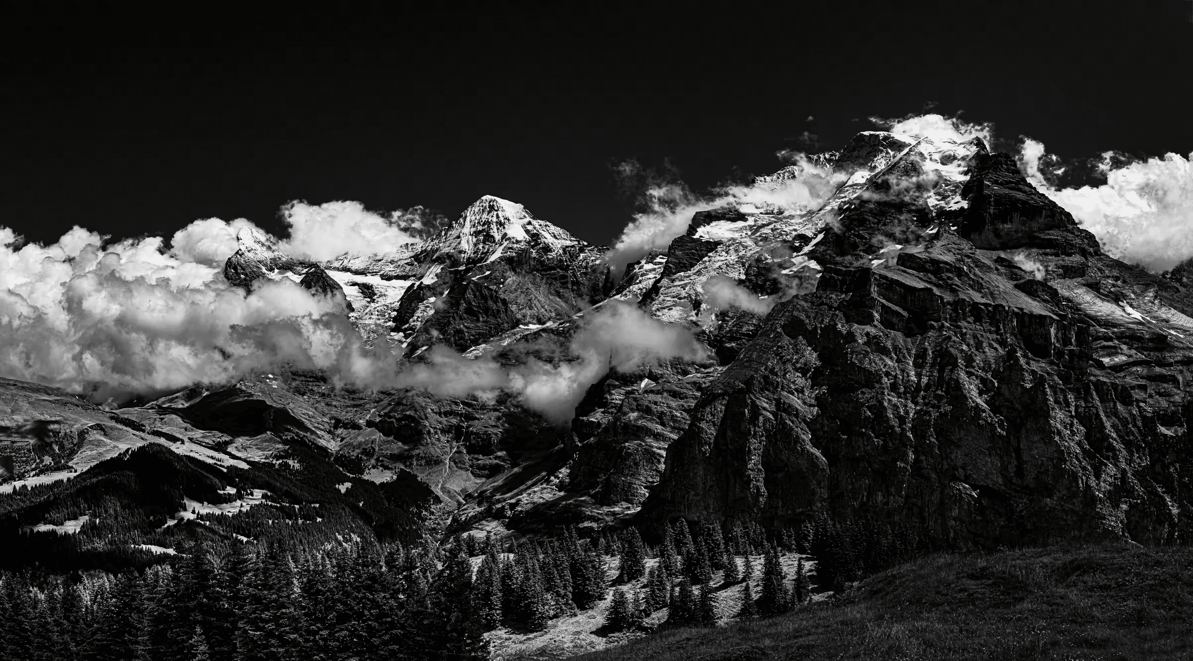 Alpine Giants in Monochrome Eiger, Mönch, and Jungfrau mountains in the Swiss Alps, viewed from Mürren.