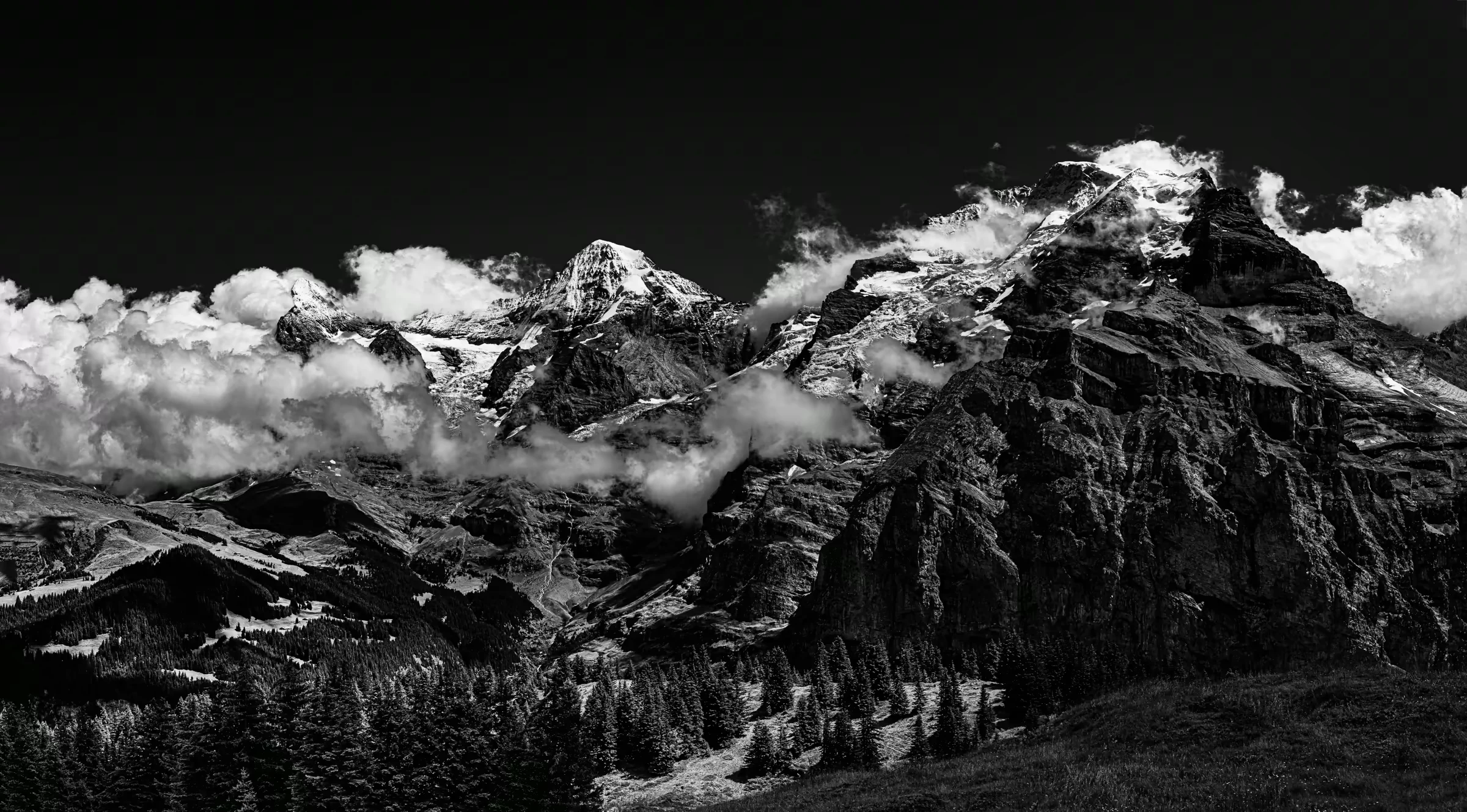 Eiger, Mönch, and Jungfrau mountains in the Swiss Alps, viewed from Mürren.