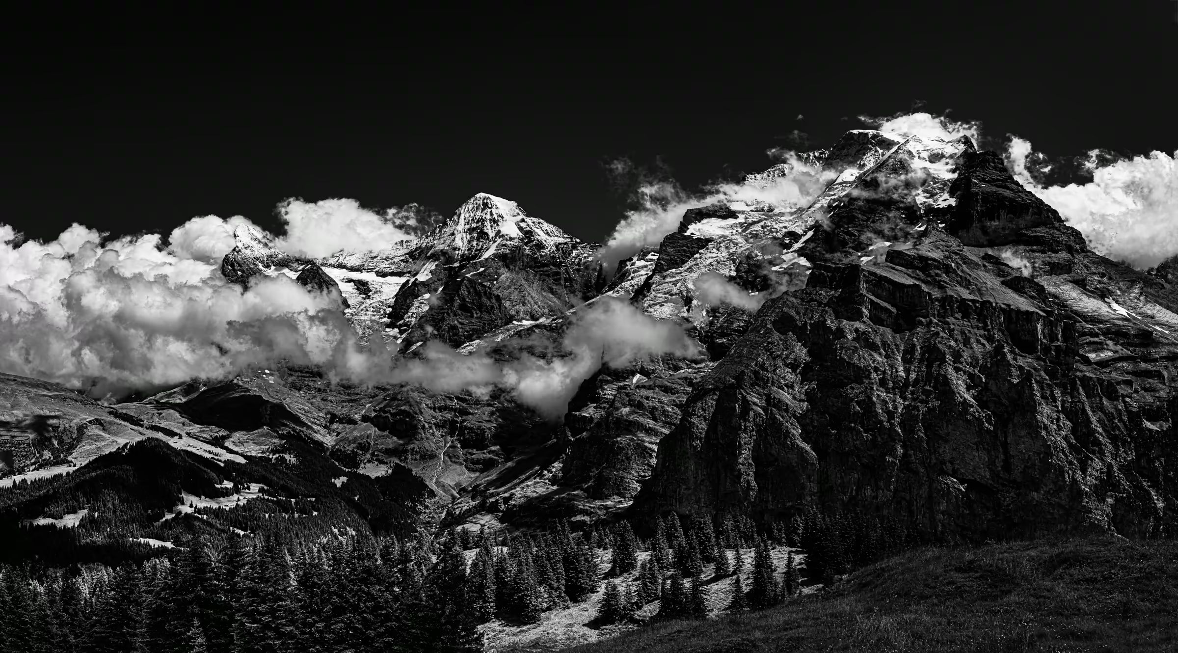 Eiger, Mönch, and Jungfrau mountains in the Swiss Alps, viewed from Mürren.
