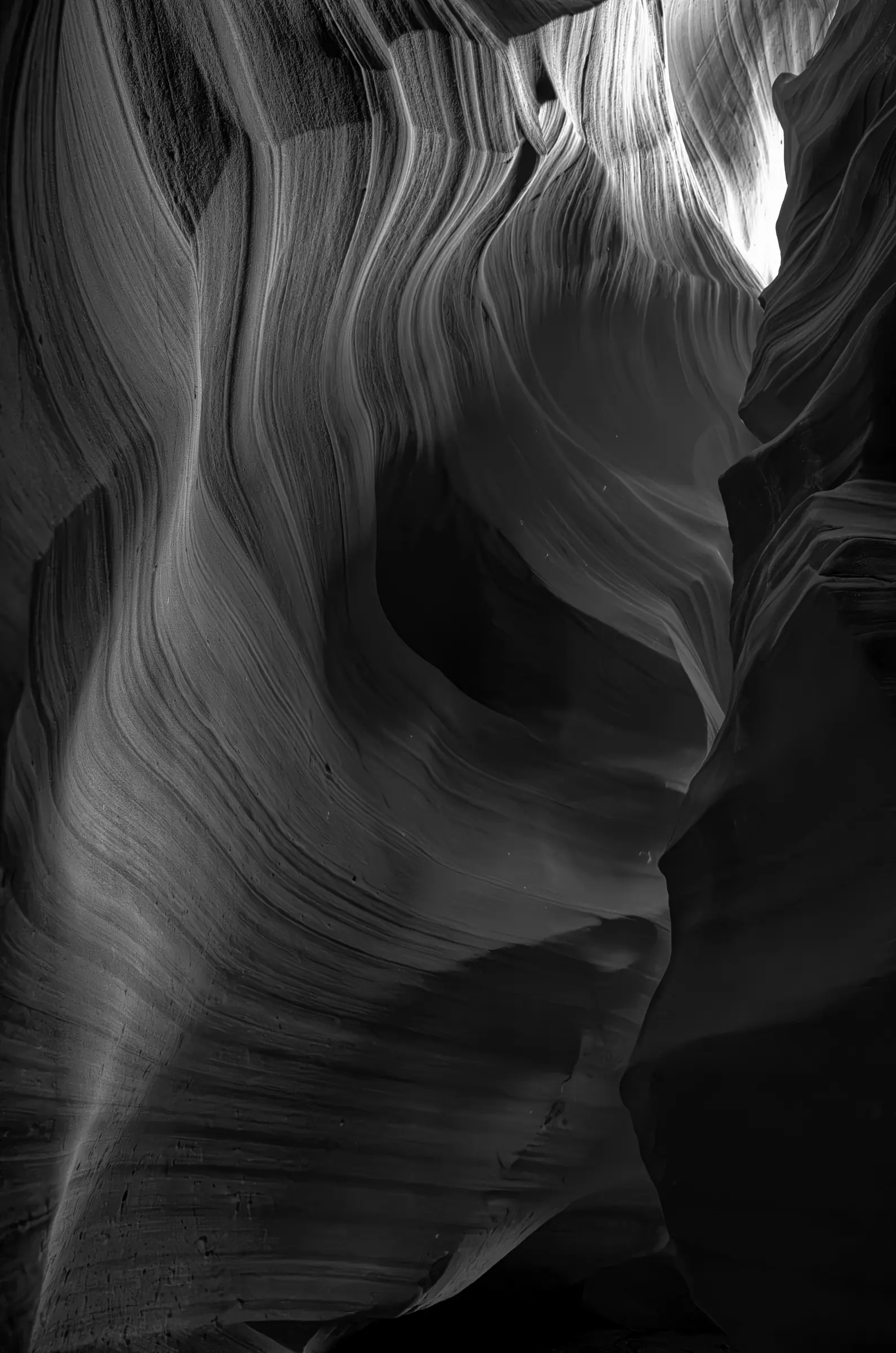 Interior of a slot canyon with sweeping, layered sandstone walls lit from above, shown in black and white