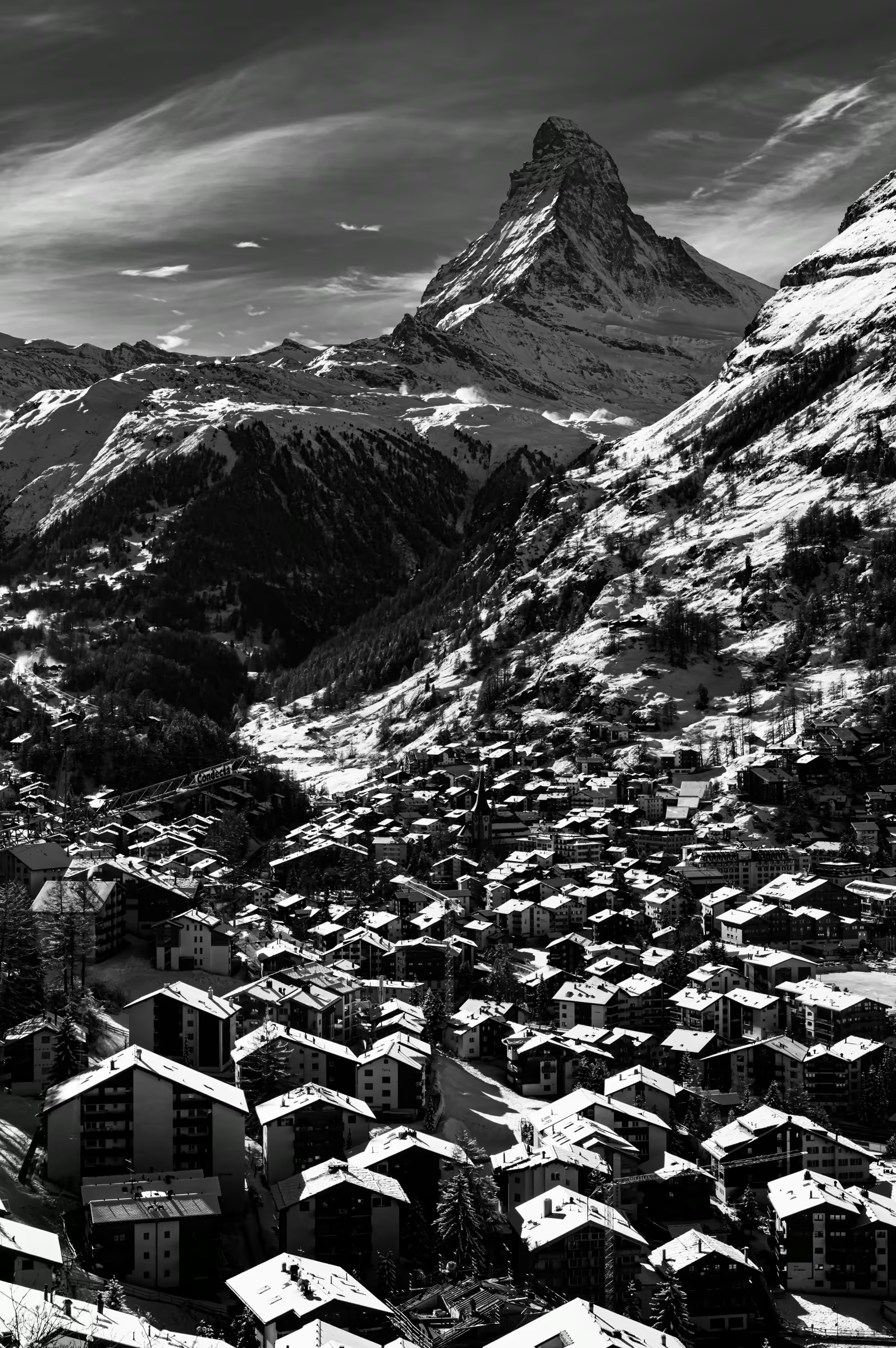 Matterhorn Over in Zermatt in monochrome.