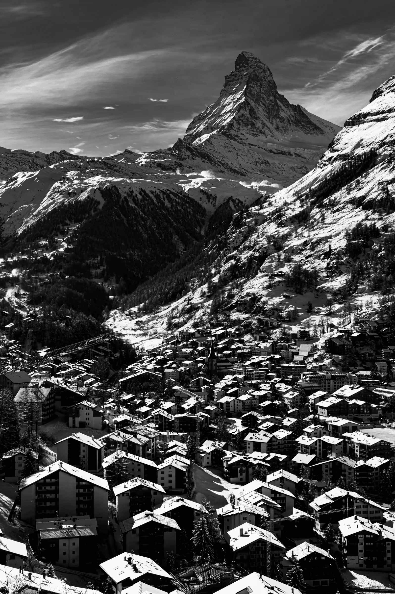 Matterhorn Over in Zermatt in monochrome.